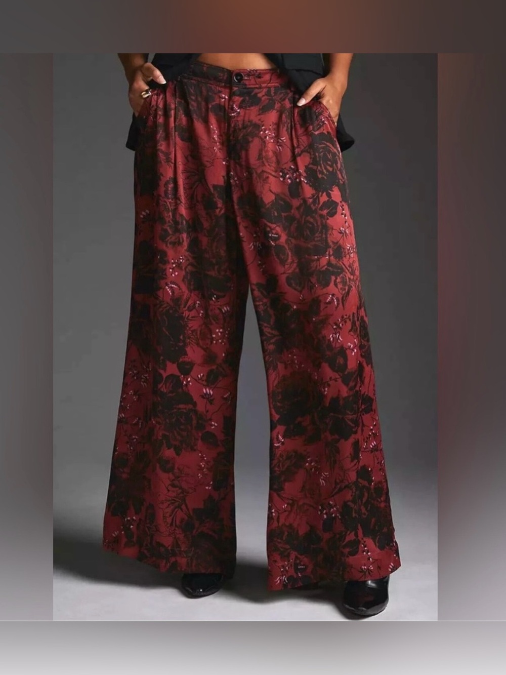 Anthropologie Satin Wide-Leg Trousers Burgundy Black Floral Pleated Pants